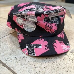 Disney Parks Mickey Minnie Mouse Paparazzi News Pink Black Cap Hat - NEW NWT